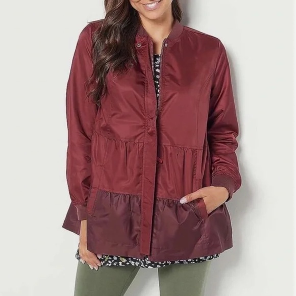 LOGO Lori Goldstein Burgundy Bomber Jacket Tiered Peplum Hem Full Zip Size Small - Picture 1 of 7